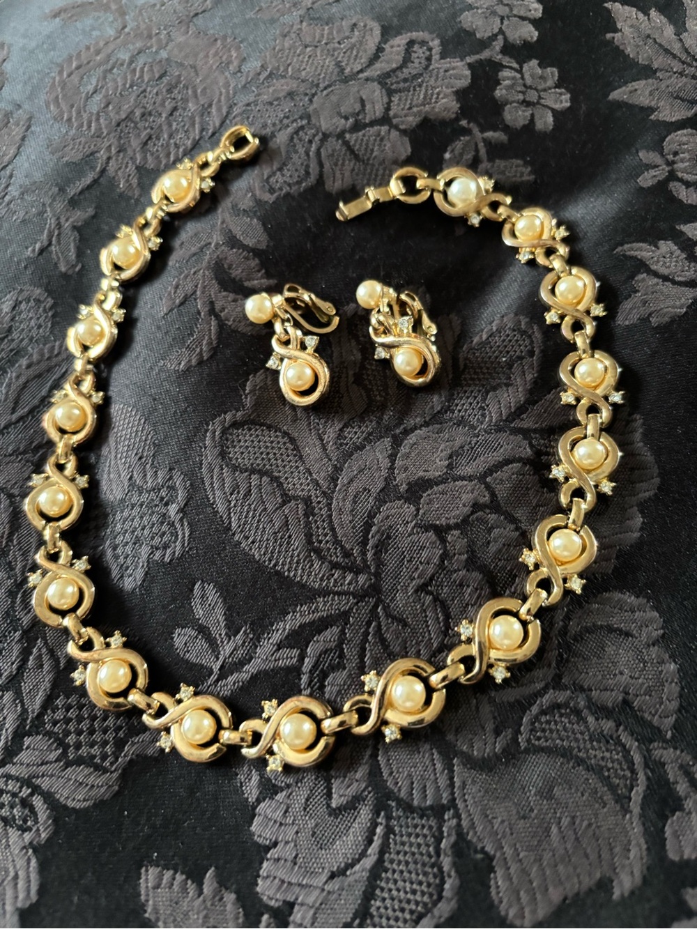 Vintage Trifari Gold-Tone Pearl Link Necklace and Earring Set -